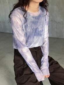 FRIFUL Women's Tie-Dye Multicolor Mesh Contrast Casual Blouse Long Sleeve Women Tops - Multicolor - View 3
