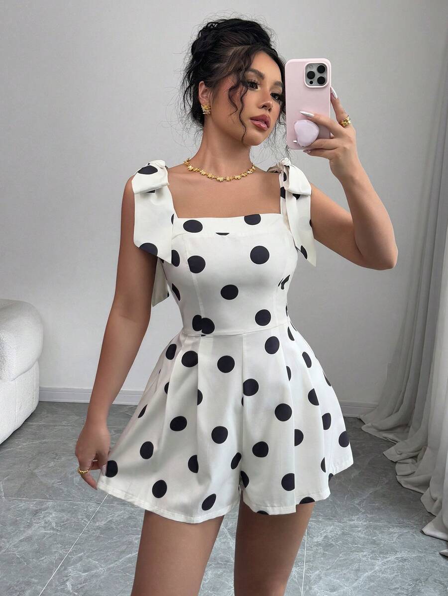 Elenzga 女士优雅圆点系腰 A 字连身裤 - 杏色 - 查看 1