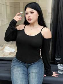 Dazy Petite Plus 大码女式长袖露肩挂脖T恤，黑色，春夏秋季女装 - 黑色 - 查看 7