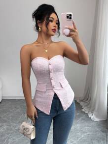 Selianne Women's Textured Pink Strapless Cropped Top With Pearl Button Details, Summer - Pink - View 3