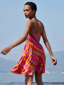 SHEIN Unity 2025 Spring/Summer Vacation Casual Elegant Romantic Versatile Rainbow Striped Contrast Color Print Waist Cinched Women Cami Dress - Multicolor - View 2