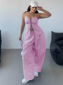 Flirla 性感女士条纹V领吊带背心和阔腿裤套装 - 粉色 - 查看 5