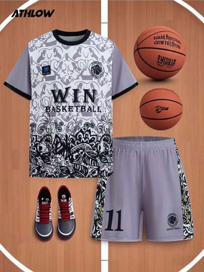 SHEIN Tween Boys 2pcs Set: Loose Elastic Contrast Color Graphic Printed Round Neck Short Sleeve T-Shirt And Elastic Waist Graphic Printed Shorts, Comfortable Stretchy, Suitable For Summer Outdoor Activities, Running, Basketball, Daily Wear