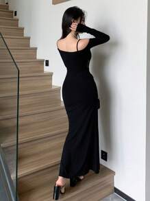 DAZY Women's Lace Patchwork Hollow Out Off Shoulder Long Sleeve Dress For Party/Graduation,Back To School Clothes,Fall Dress - Black - View 5