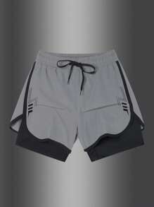 Manfinity Sport PWRUP Men's Striped Print Drawstring Waist Pockets Sports Shorts Grey Shorts