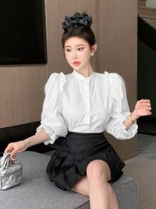 DAZY Women's Stand Collar Shirt With Frill Trim - White - View 3