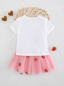 Cozy Pixies 两件套女婴草莓图案针织柔软圆领短袖上衣和网纱裙 - 粉色 - 查看 2