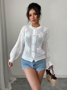 Chiquease 女士落肩常规休闲宽松圆领花卉镂空纽扣薄袖口和下摆春夏开衫 - 白色 - 查看 6