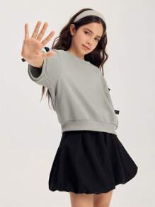 SHEIN Tween Girls 2 件套 - 灰色褶皱灯笼袖上衣配装饰蝴蝶结，黑色短款泡泡裙，适合上学、郊游、运动、春夏季 - 彩色 - 查看 7