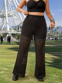 SHEIN VCAY Plus Size Sexy Romantic Elegant Floral Knit Jacquard Semi-Sheer Wide Leg Pants, For Party And Valentine's Day, Mesh, Festival For Women,Rave, Graduation, Concert - Black - View 6