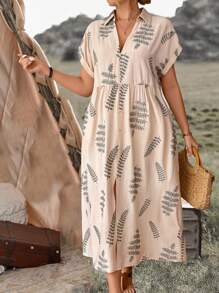 Ceyna Plus Size Boho Spring/Summer Vacation Casual Office Embroidered Shirt Collar Dropped Shoulder Long Dress With Button Decor - Apricot - View 3