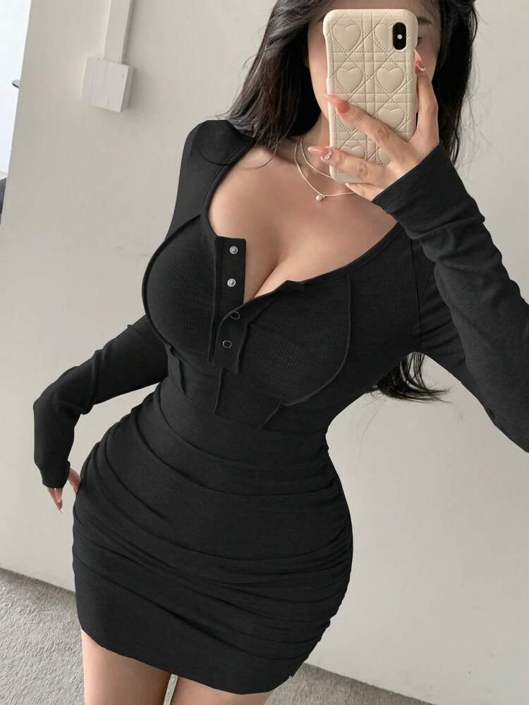 Women Fall Ruched Bodycon Sexy Long Sleeve Dress,Mini Dress