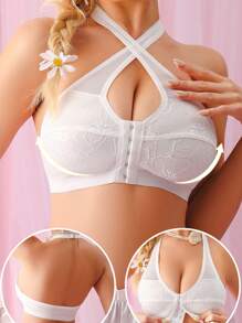 1pc Women Lace & Mesh Splicing Front Closure Wireless Lingerie Bra - White - View 4