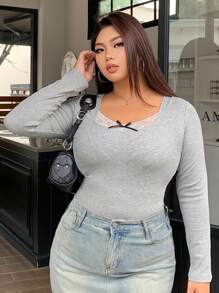 Dazy Petite Plus Plus Size Lace Patchwork Square Neck Fitted T-Shirt With Bow Decor, Gray, Spring/Summer/Autumn Long Sleeve Women Tops,Fall Women Clothes - Grey - View 10