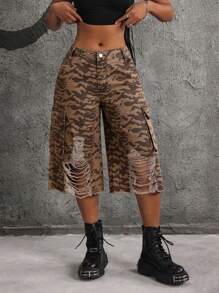 SHEIN ICON Women's Zebra Print Distressed Cargo Pocket Frayed Hem Casual Denim Shorts - Multicolor - View 5