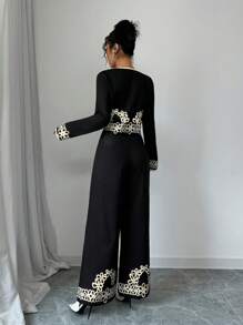 Siren Gaze 2pcs Women Solid Color Patchwork Floral Prints Long Sleeve Top And Pants Set,Colour-Blocked Edges Women Clothing Sets,Commute Daily Wear,Suitable For Spring And Autumn