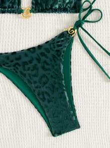 Swim Vcay 女士夏季海滩猎豹印花金属装饰系带比基尼套装和泳袋泳装 - 軍綠色 - 查看 5