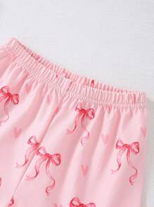 Set de 2 piezas de pijama informal para niña joven con cardigan de manga corta con decoración de lazo rosa y shorts