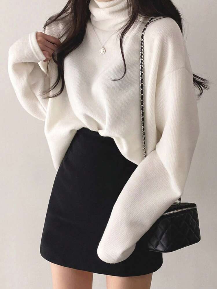 Teen Girl Solid Color High Neck Dropped Shoulder Long Sleeve Casual Loose T-Shirt