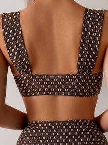 Swim Chiccia 女士优雅复古图案印花性感小 V 领宽肩带高腰收腹比基尼套装，夏季 - 咖啡棕 - 查看 4