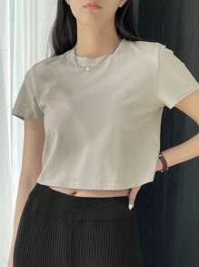 Dazy-Less Tee-shirt court col rond unicolore, tenue d'été décontractée chic pour femme au travail - Gris pâle - Voir 6