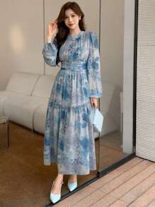 DAZY Vestido de manga larga ajustado a la cintura con estampado floral aleatorio y volantes para mujer