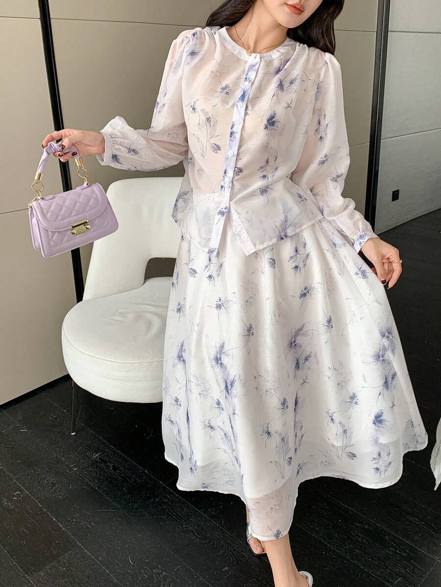 DAZY 2 Stück/Set Damen Blume Muster Rundhals Puffärmel Bluse mit Gürtel & Rock, Herbst Damenkleidung - Blau - Übersicht 1