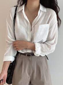 DAZY Solid Single Breasted Pocket Detail Shirt,Fall Women Clothes Long Sleeve Top - White - View 5