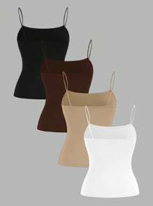 SHEIN EZwear 4 件套女士纯色修身吊带背心套装，侧面有褶皱，适合夏季 - 彩色 - 查看 2