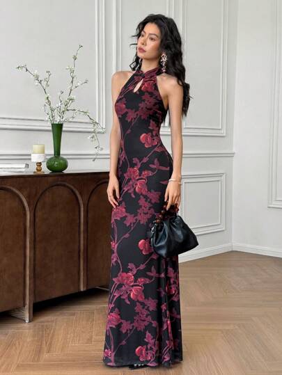 EastFlair Women's Elegant Vintage Maxi Mandarin Collar Hollow Out Floral Print Bodycon Dress Cheongsam Collar