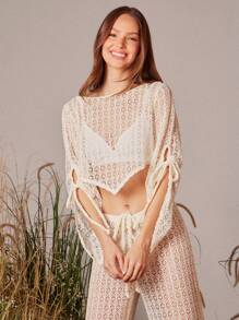 WESTFADE 仿钩针不对称下摆结饰上衣 - 米色 - 查看 4