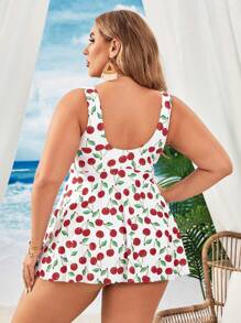 Swim Mod 大尺碼櫻桃印花束腰游泳衣，附游泳衣和短褲，完美適用於渡假度假 - 紅色 - 查看 2