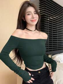 DAZY Kaos Wanita Model Bahu Terbuka, Warna Hijau Alpukat Polos, Pakaian Musim Semi/Panas, Musim Gugur, Atasan Wanita Lengan Panjang untuk Acara Keluar Rumah - Dark Green - View 6