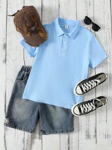 SHEIN 2pcs/Set Tween Boys Spring/Summer Wildeya New Style Fashion Gentleman Light Blue Polo Shirt Paired With Black Washed Denim Jeans, Suitable For Outdoor Activities And Daily Wear - Multicolor - View 3