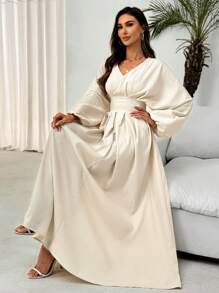 SHEIN LUNE Vestido elegante casual de vacaciones para mujer con cuello en V, cintura recogida, mangas farol y textura jacquard de paraguas - Albaricoque - Ver 7