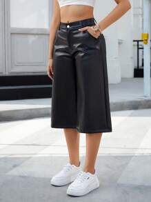 Mittellanges Hose aus PU-Leder, modisch & elegant, lässige Bürokleidung, einfarbig, vielseitig, weite 3/4 Hose, Neuheit für den Sommer - Schwarz - Übersicht 5