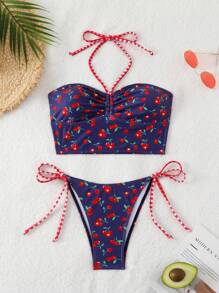 Swim Mod Springbreak 2pcs Women Casual Beach Party Spaghetti Strap Textured Fabric Cherry Print Tank Top And Bikini Swimwear Set