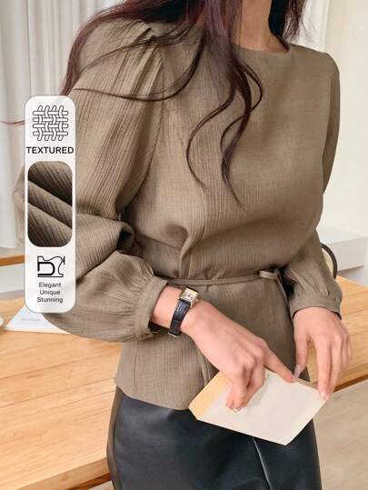 DAZY 女士纯色圆领泡泡袖通勤衬衫亚麻长袖上衣