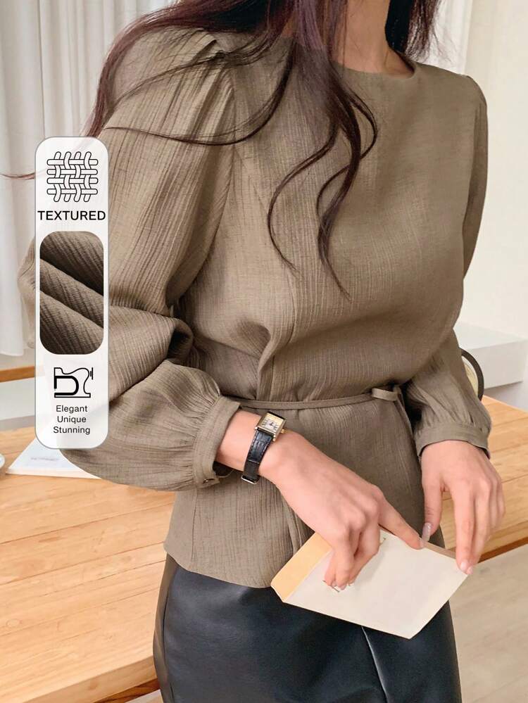 Women's Solid Color Round Neck Puff Sleeve Commuter Shirt Linen Long Sleeve Top