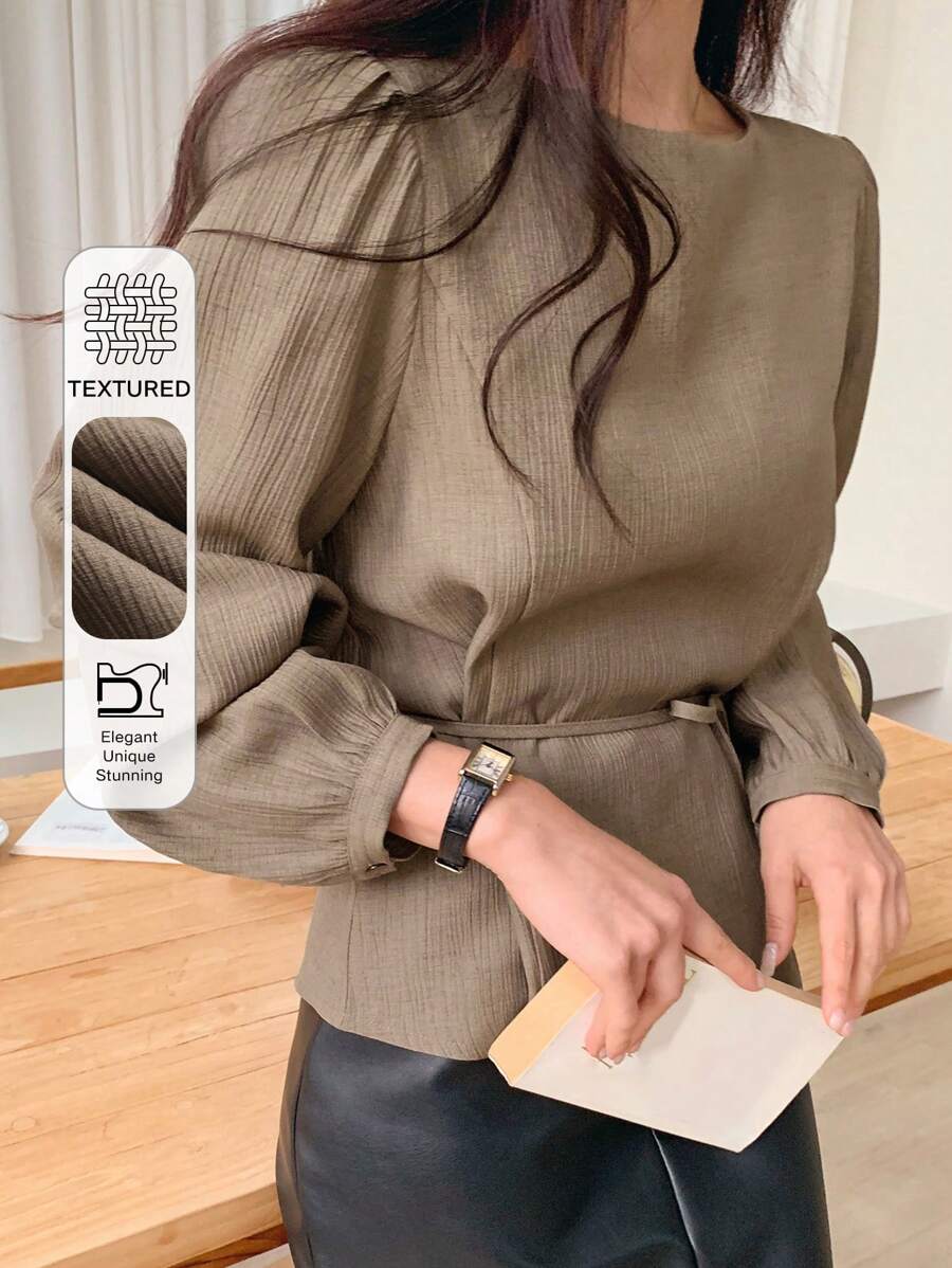 DAZY 女士纯色圆领泡泡袖通勤衬衫亚麻长袖上衣 - 棕色 - 查看 1
