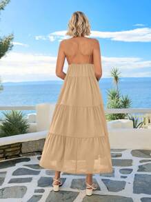 SHEIN VCAY Vestido largo de verano para mujer con tirantes, abertura frontal y volantes en el bajo