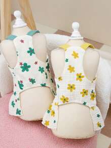 PETSIN 绿色春夏清新优雅花卉图案宠物纽扣连衣裙