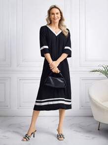 Miaspire Women's Striped V-Neck 3/4 Sleeve Casual Long Dress