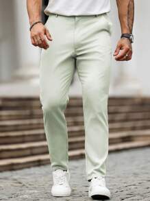 Manfinity Homme 男士休闲纯色锥形裤 - 薄荷綠 - 查看 3