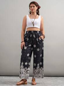 SHEIN LUNE Pantalones anchos con bolsillos y cintura con nudo con estampado floral para mujer de talla grande, conjunto para vacaciones