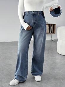 SHEIN Maternity Casual Loose Wide-Leg Blue Jeans Women Baggy Jeans Casual Loose Wide Leg Pants Blue Women's Jeans Thanksgiving Women Wide Waist Mom Jeans - Blue - View 1