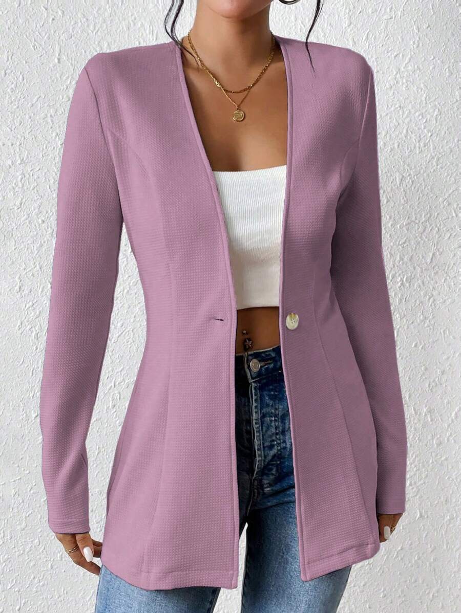 Chiquease Women's Solid Color Collarless Drawstring Waisted Casual Jacket, Long Sleeve