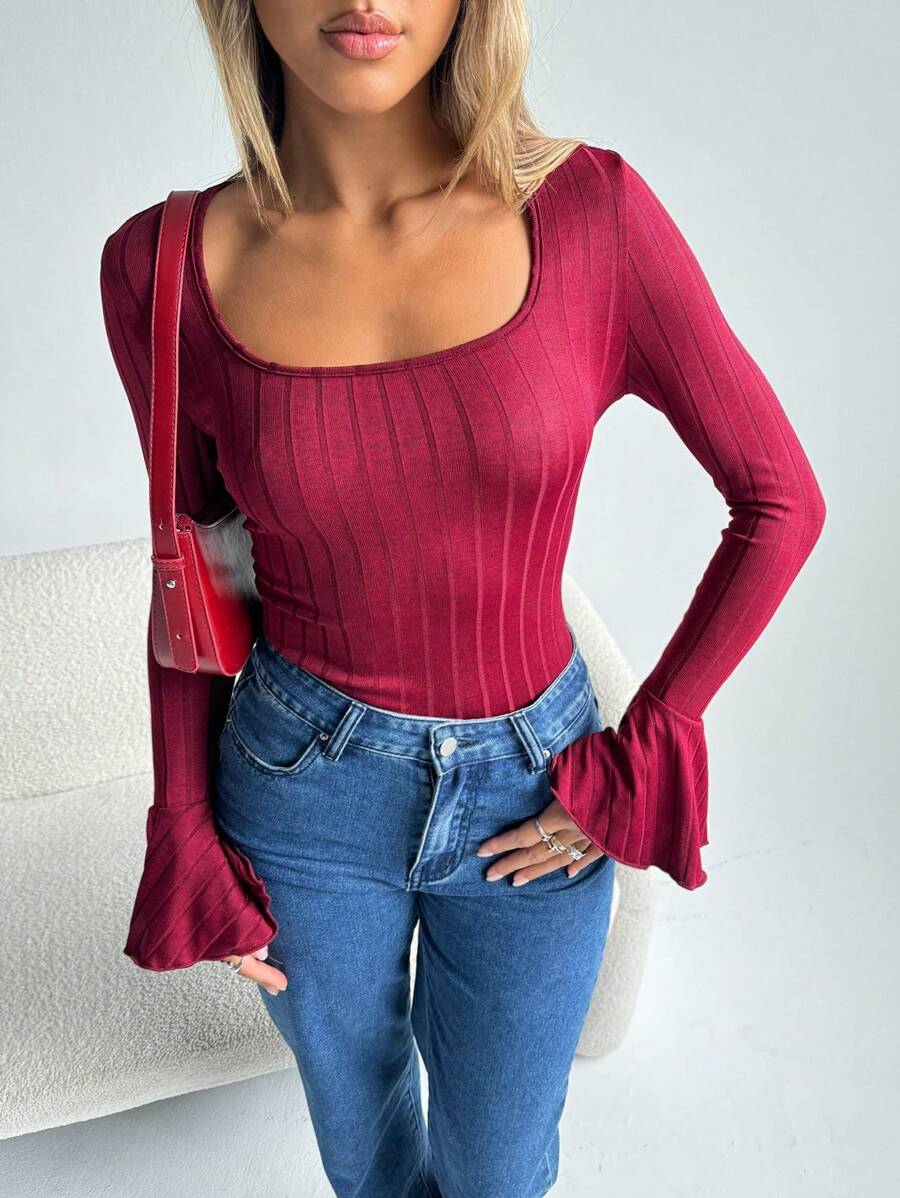 SHEIN Essnce Cổ vuông Tay áo loe Áo thun - Màu Hoa hồng đỏ - Xem 1