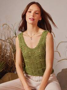 WESTFADE Spring Vacation Scoop Neck Faux Crochet Scallop Hem Knit Top - Army Green - View 1