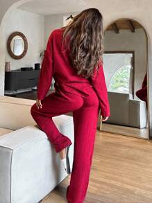 Cloudara Naturally Crinkle Fabric Long Sleeve Shirt & High Elastic Waist Straight Fit Pant Casual Outfit